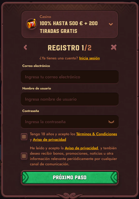 Alta de usuario y acceso al área personal de 5 Gringos Casino