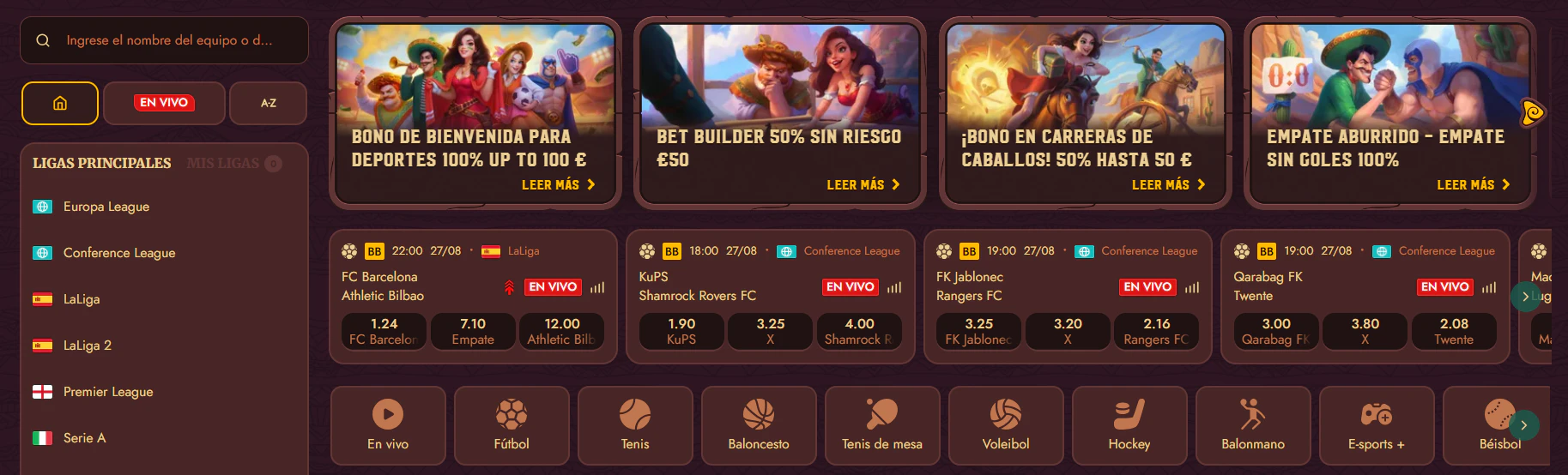 Opciones de apuestas en deportes y competiciones de eSports dentro de 5 Gringos Casino